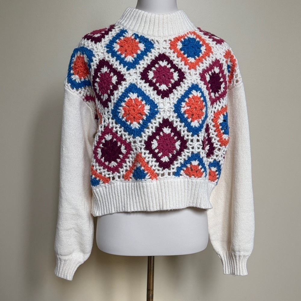 Debut Crochet Granny Square Sweater Cream Multi Color Knit M/L